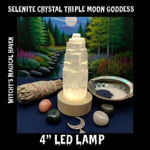 Selenite Crystal Tower 7-Color Changing LED Lamp etched with Triple Moon Goddess